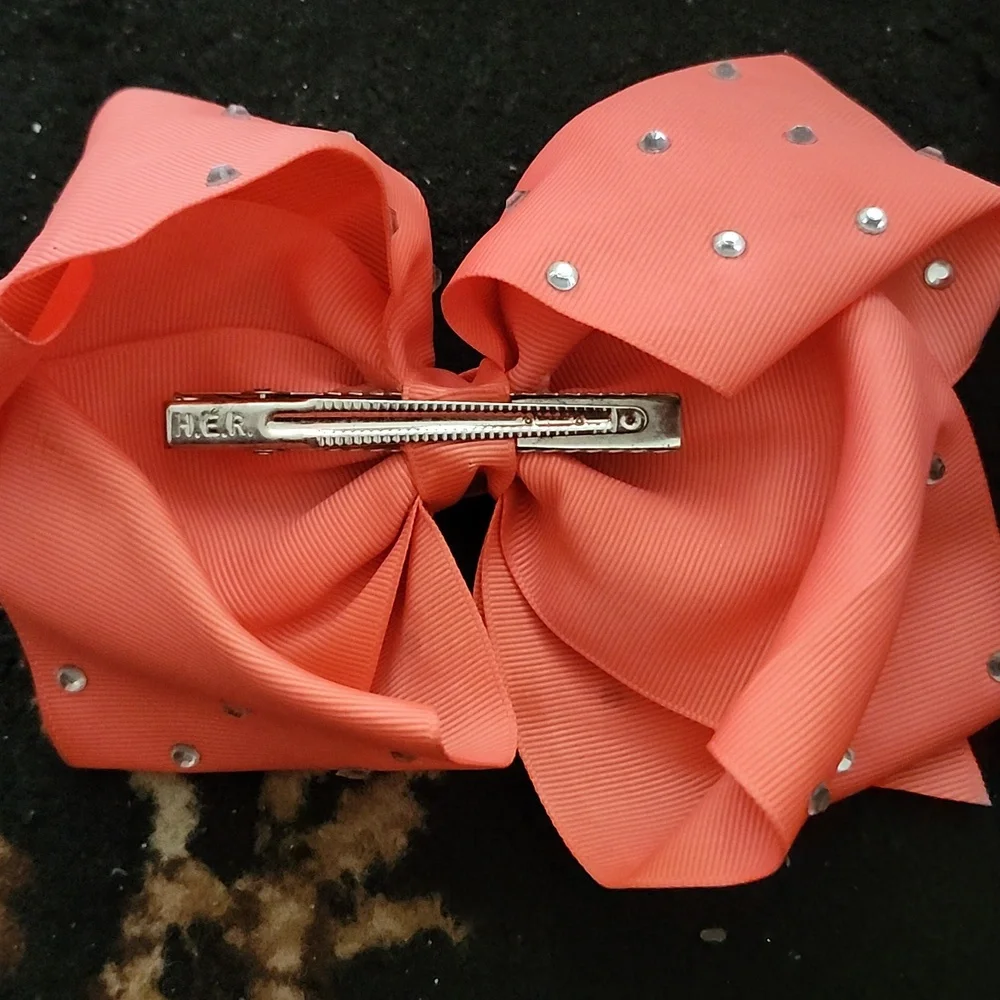 🎀JoJo Siwa Large Decorative Hair Bows – Coral w/rhinestones & Black Heart Print
